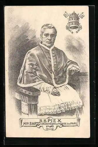 AK Portrait von Papst Pius X. mit Kreuzkette