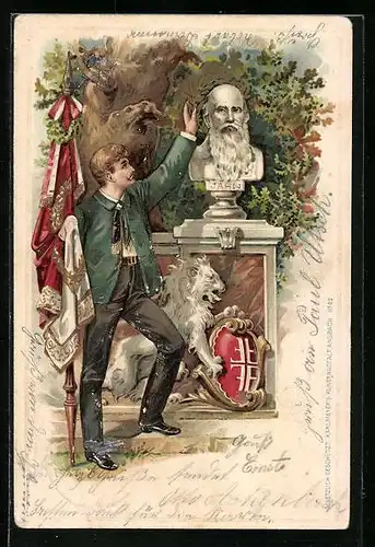 AK Turner mit einer Fahne neben einer Büste von Turnvater Jahn