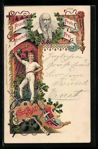 Lithographie Turnvater Jahn, Turnausrüstung, Eichenlaub