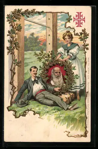 AK Turnerpaar am Reck mit Bild von Turnvater Jahn