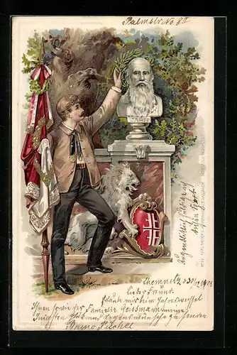 AK Turner mit einer Fahne neben einer Büste von Turnvater Jahn