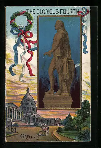 Präge-AK Wahingtons Statue, Präsident der USA, Passepartout