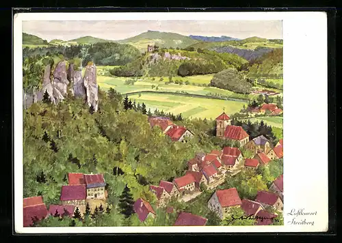 Künstler-AK Streitberg, Gesamtansicht mit Blick in die fränkische Schweiz
