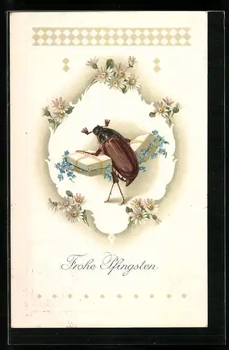 Präge-AK Maikäfer mit Blumenpaketen, Pfingstgruss