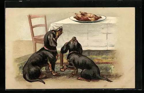 Künstler-AK Zwei Dackel riechen den Entenbraten