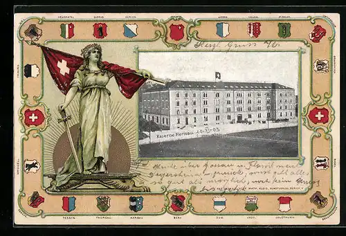 Präge-AK Herisau, Kaserne, Helvetia, Wappen der Kantone