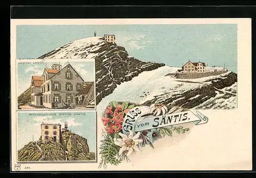 Lithographie Säntis, Gasthof Säntis und Meteorologische Station