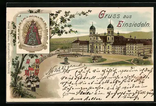 Lithographie Einsiedeln, Kloster im Barockstil, Gnaden-Mutter