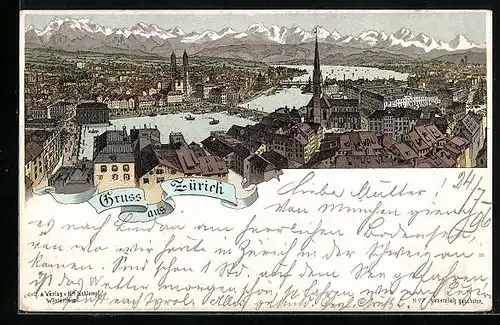 Lithographie Zürich, Teilansicht mit Gebirgspanorama