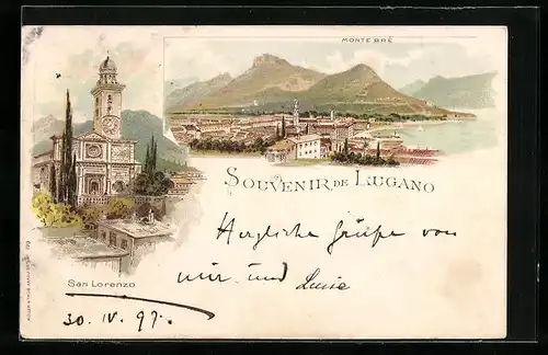 Lithographie Lugano, San Lorenzo, Ortsansicht mit Monte Bré