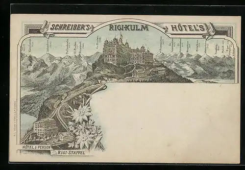 AK Rigi-Kulm, Panorama mit Scheerhorn, Trugberg, Mönch, Hotel & Pension Rigi-Staffel