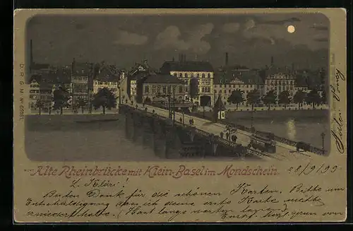 Mondschein-Lithographie Basel, Klein-Basel bei Nacht