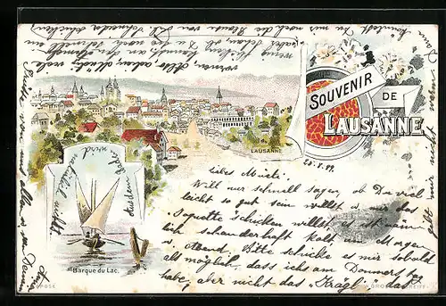 Lithographie Lausanne, Barque du Lac, Teilansicht der Stadt