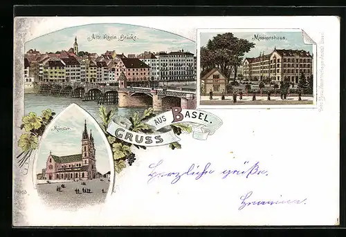 Lithographie Basel, Alte Rhein Brücke, Missionshaus, Münster