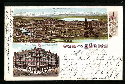 Lithographie Zürich, Warenhaus F. Jelmoli, Gesamtansicht der Stadt