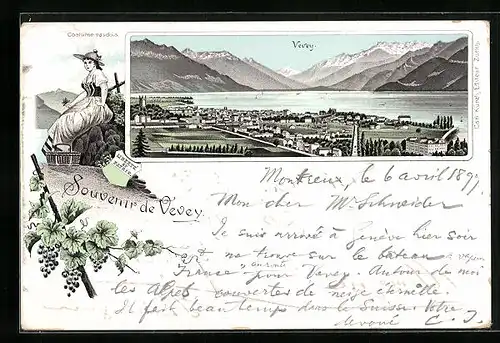 Lithographie Vevey, Panorama mit Ort, See und Gebirge, Costume vaudois