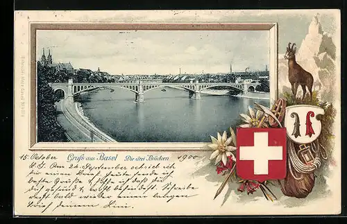 Passepartout-Lithographie Basel, Die drei Brücken, Stadt-Wappen und Gemse