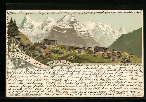 Lithographie Mürren, Blick auf den Ort in den Bergen