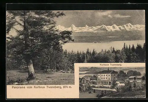 AK Twannberg, Ansicht vom Kurhaus, Panoramablick über den See auf die Alpen