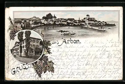 Lithographie Arbon, Teilansicht, Hotel Baer