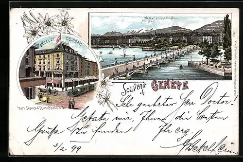 Lithographie Geneve, Hotel de l`Europe, Rue Céard & Rue Croix d`Or