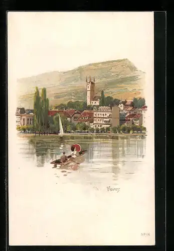 Lithographie Zürich, Teilansicht vom See her, Reklame für Chocolats Lindt & Sprüngli