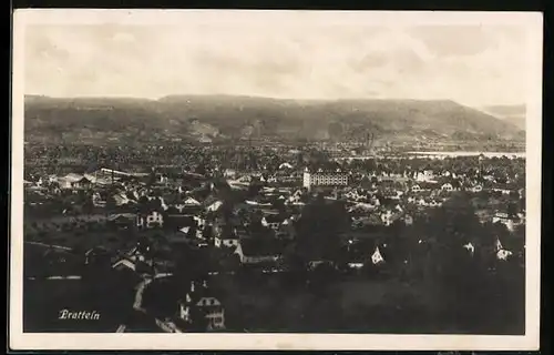 AK Pratteln, Ortsansicht aus der Vogelschau, mit Bergrücken