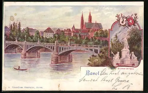 Lithographie Basel, Uferpartie mit Kirche und Brücke, St. Jakob-Denkmal
