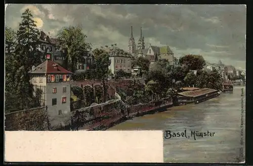 AK Basel, Münster bei Mondschein