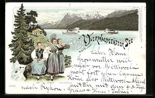 Lithographie Vierwaldstättersee, Uferpartie und Frauen in Tracht aus Uri, Schwyz und Unterwalden