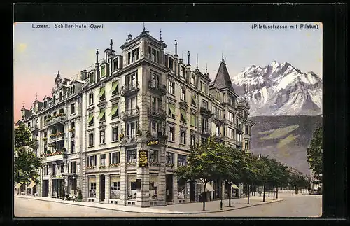 AK Luzern, Schiller-Hotel-Garni, Pilatusstrasse mit Pulatus