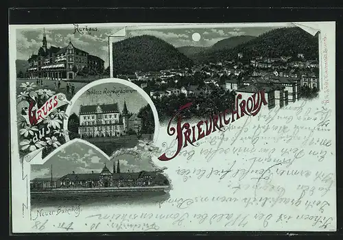 Lithographie Friedrichroda, Kurhaus, Schloss Reinhardsbrunn, Neuer Bahnhof