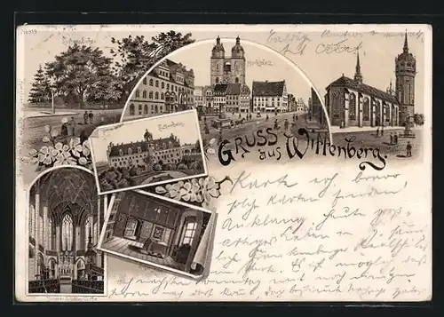 Lithographie Wittenberg, Lutherhaus, Marktplatz, Schlosskirche