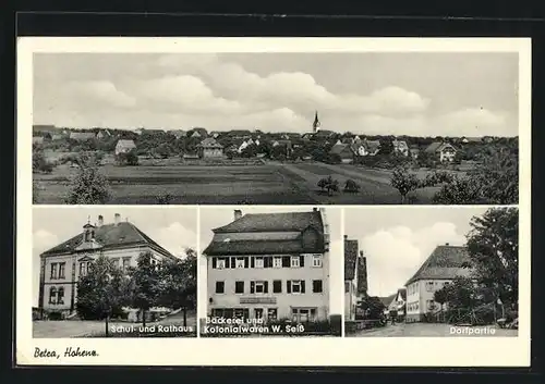 AK Betra, Gesamtansicht, Bäckerei und Kolonialwaren W. Seiss, Schul- und Rathaus