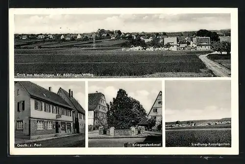 AK Maichingen, Gasthaus zur Post, Totalansicht, Kriegerdenkmal