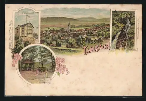 Lithographie Tambach, Hotel Fürstenblick, Fuchstempel, Ortsansicht