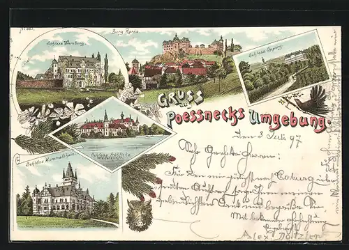 Lithographie Ranis, Burg Ranis, Schloss Wernburg, Schloss Hummelshain, Schloss Oppurg