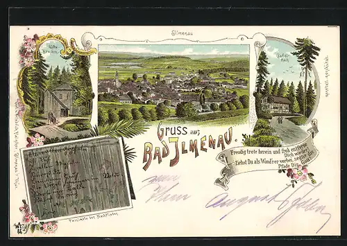 Lithographie Bad Ilmenau, Goethe-Häuschen, Gabelbach, Totalansicht