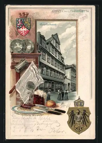 Passepartout-Lithographie Alt-Frankfurt, Goethehaus, Frankfurter Würstchen, Wappen