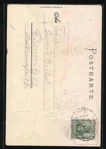 Passepartout-Lithographie Alt-Frankfurt, Goethehaus, Frankfurter Würstchen, Wappen