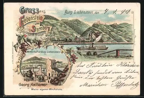 Lithographie Bornhofen, Burg Liebenstein, Gasthaus zur Burg Liebenstein, Dampfer