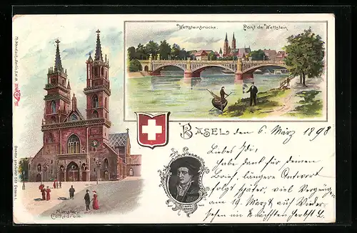 Lithographie Basel, Wettsteinbrücke, Münster und Wappen