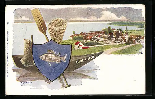 Lithographie Auvernier, Totalansicht, Wappen