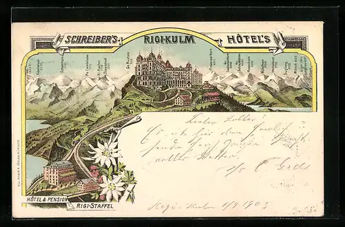 Lithographie Rigi-Kulm, Schreiber`s Hotels und Alpen-Panorama