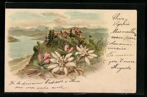 Lithographie Uetliberg, Gasthaus, Blick auf Züricher See