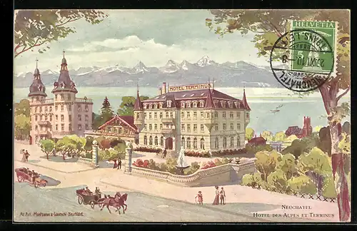AK Neuchatel, Hotel des Alpes et Terminus