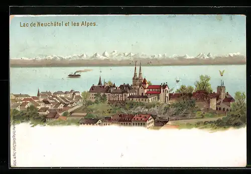 Lithographie Neuchâtel, Panorama et les Alpes, Berggesichter