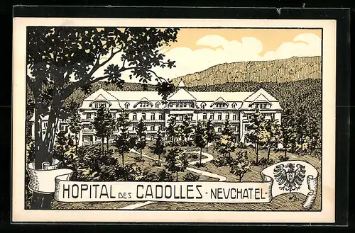 Künstler-AK Neuchâtel, Hopital des Cadolles, Wappen