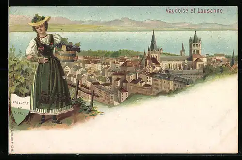 Lithographie Lausanne, Teilansicht vom Ort, Vaudoise, Frau in Tracht