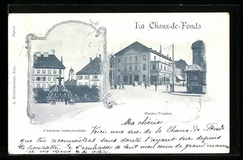 AK La Chaux-de-Fonds, Fontaine monumentale, Casino-Théatre